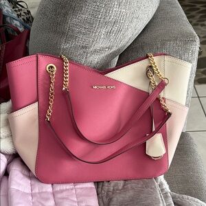 Michael Kors Pink and Cream Tote Bag with Gold Accents